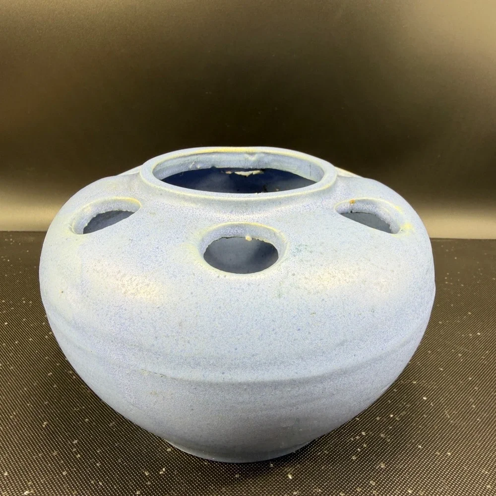 Antique Pale Blue Pottery Large Flower Frog 6-Hole Round Pottery Vase Vessel VTG